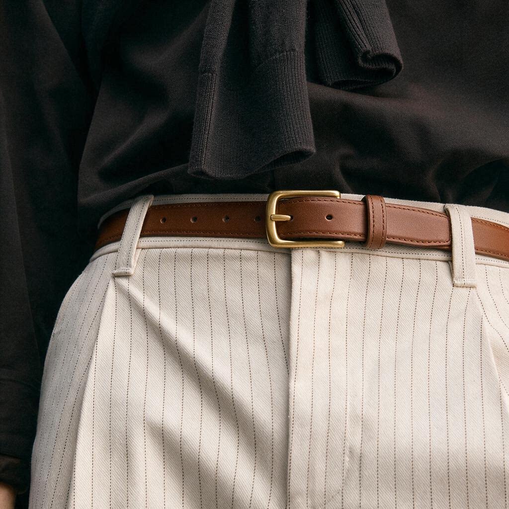 Cowhide Men's Pin Buckle Belt, Thin Style, 2.4cm, Versatile, Textured Genuine Leather Belt with Holes, Brown Gold