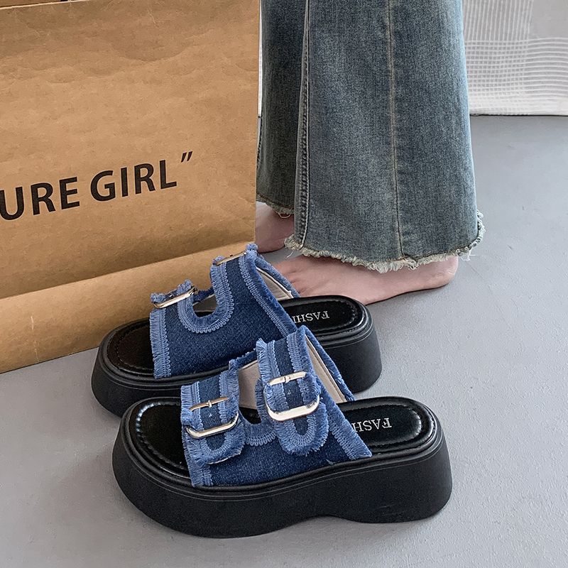 Thick-Soled Platform Sandals for Women 2026 New Versatile Height-Increasing Denim Slippers Sports Roman Sandals European Style Trendy