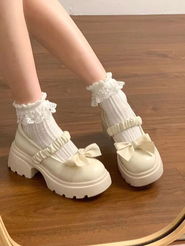 Thick-Soled White Round-Toe Mary Jane Shoes for Women 2026 Spring and Autumn New Style French Retro Bow Small Leather Shoes