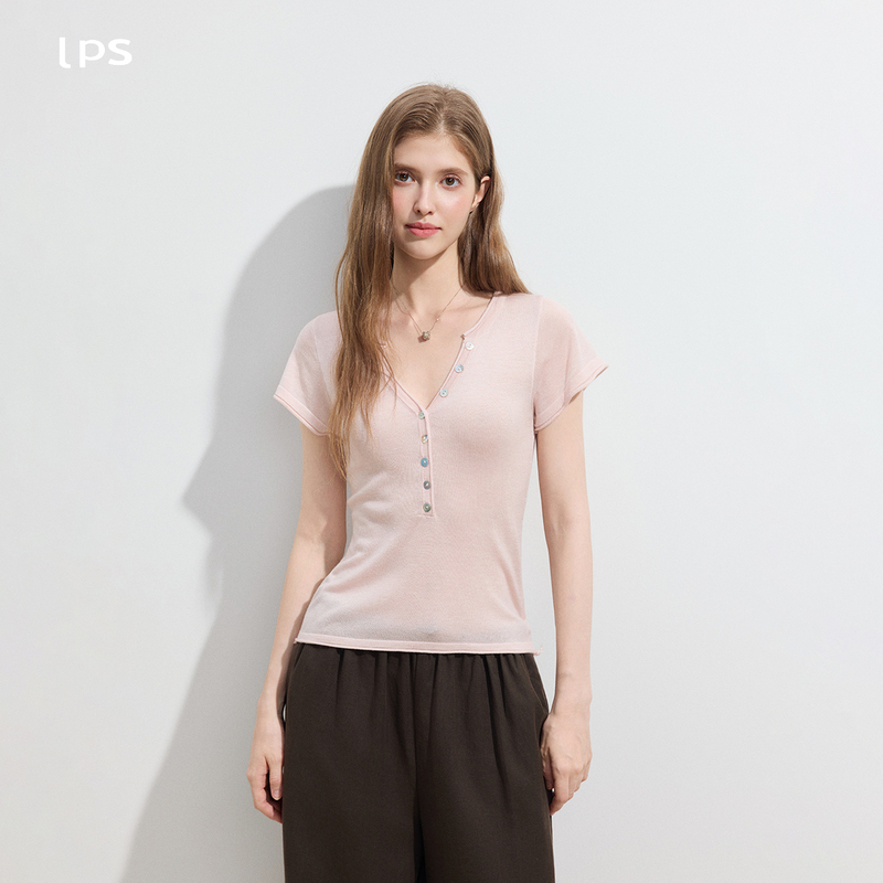Lps Niche Design Button-Up Cherry Blossom Pink Knit Short-Sleeve T-Shirt for Women, New Summer Slim-Fit Versatile Top Lps Niche Design Button-Up Cherry Blossom Pink Knit Short-Sleeve T-Shirt for Women, New Summer Slim-Fit Versatile Top