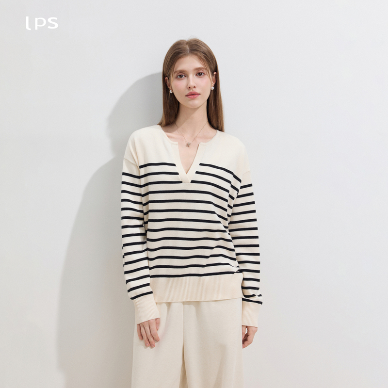 Lps Niche Design Striped V-Neck Knit Sweater for Women, Spring and Autumn 2026 New Style, Loose Fit, Slimming, Casual, Versatile Sweater Lps Niche Design Striped V-Neck Knit Sweater for Women, Spring and Autumn 2026 New Style, Loose Fit, Slimming, Casual, Versatile Sweater