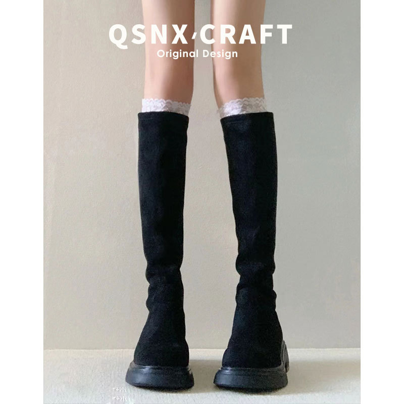 Over-The-Knee Boots, Black Suede High Boots, 2025 Autumn and Winter New Thick-Soled Elastic Long Boots for Women