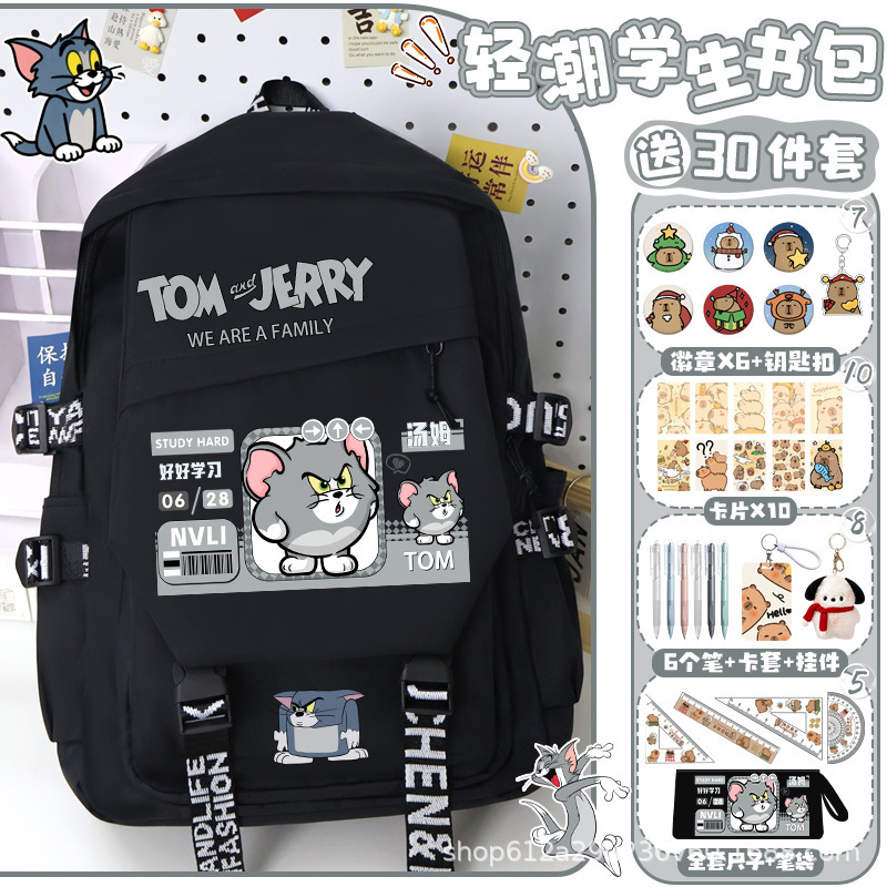 Tom and Jerry School Bag Q Version Tom Jerry Taffy Backpack Student Large Capacity Anime Cartoon Lightweight Backpack