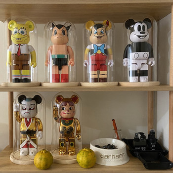 Handmade Figurine Transparent Glass Display Box Desktop Ornament Decoration Dust Cover Round Wooden Base