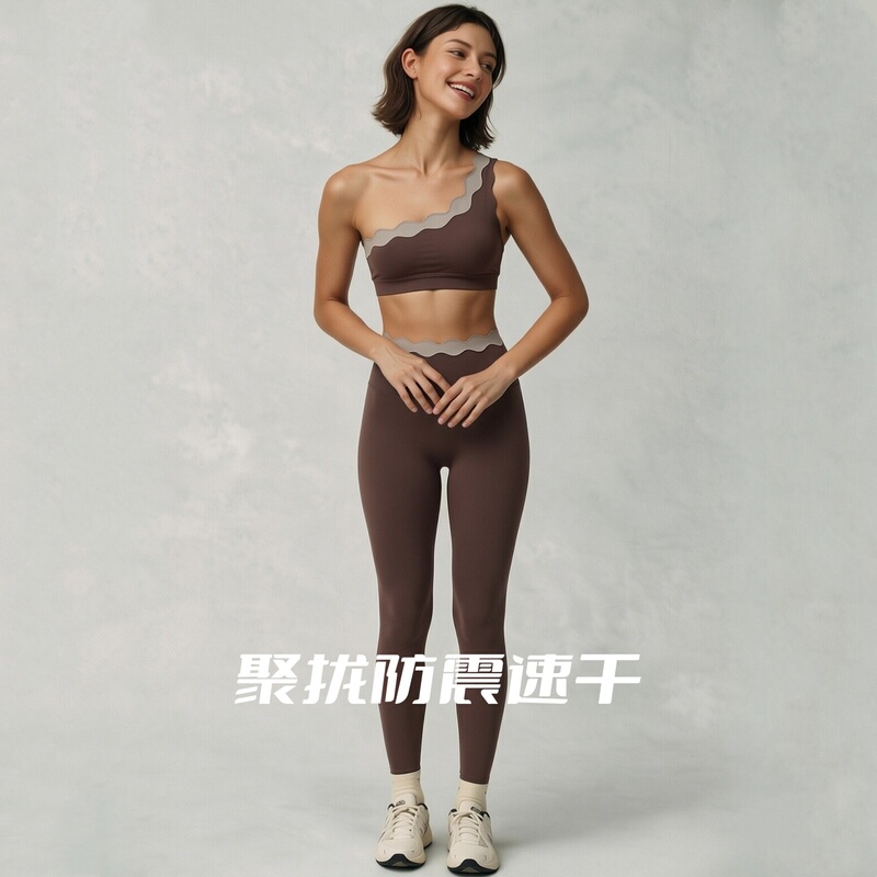Lace Yoga One-Shoulder Bra with Contrasting Color Shell Petals, Butt-Lifting Fitness Pants, Outdoor Sports High-Waisted Two-Piece Set