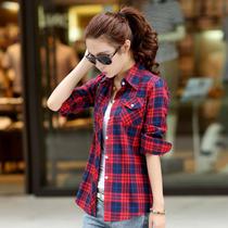 2019 Spring and Autumn new cotton plaid shirt womens long sleeve Korean slim bottom shirt size loose sunscreen coat