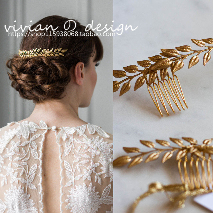 Eurostyle retro small and delicate gold leaf long hair comb bridal bridesmaid photography Roman wind hair accessories headwear accessories