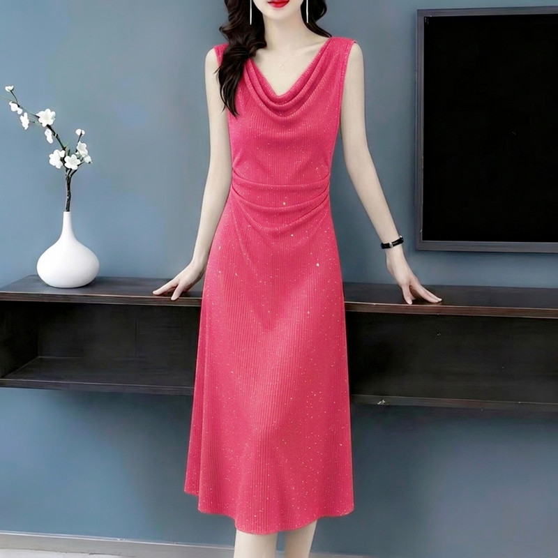 Sequin Draped Collar Simple Pleated Waist-Cinching Sleeveless Mid-Length Dress 2026 Summer Korean Fashion High-End Versatile