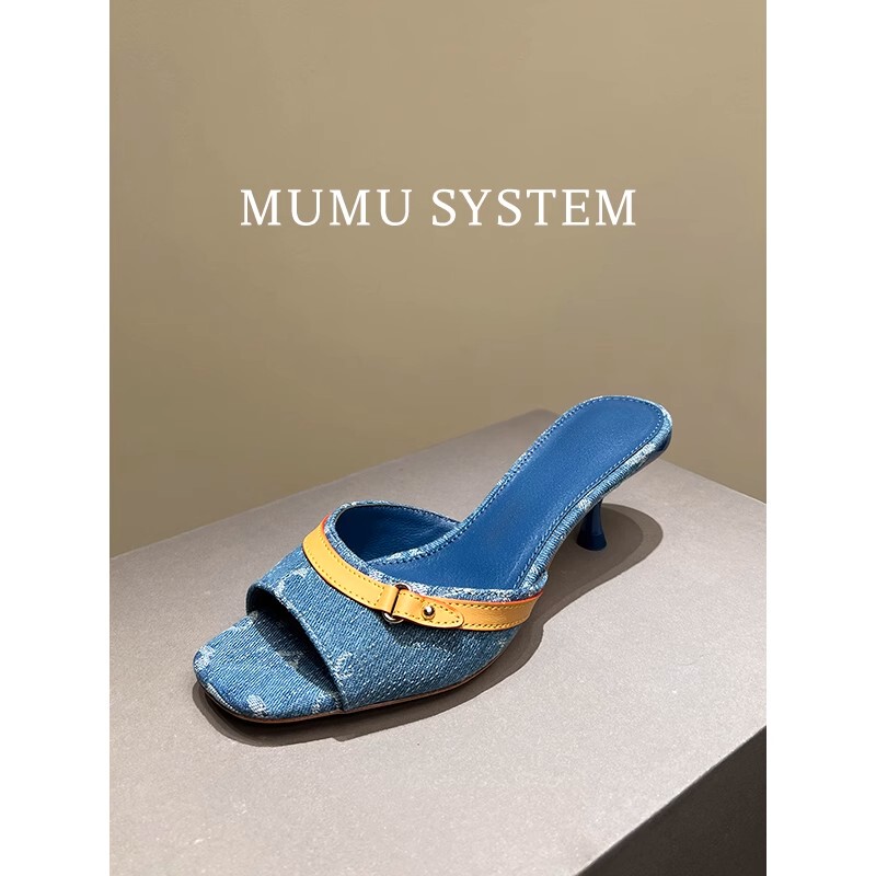 Yg-Cc Same Style as in Stores, Irresistible Kitten Heels! Denim High-Heeled Open-Toe Sandals with Print
