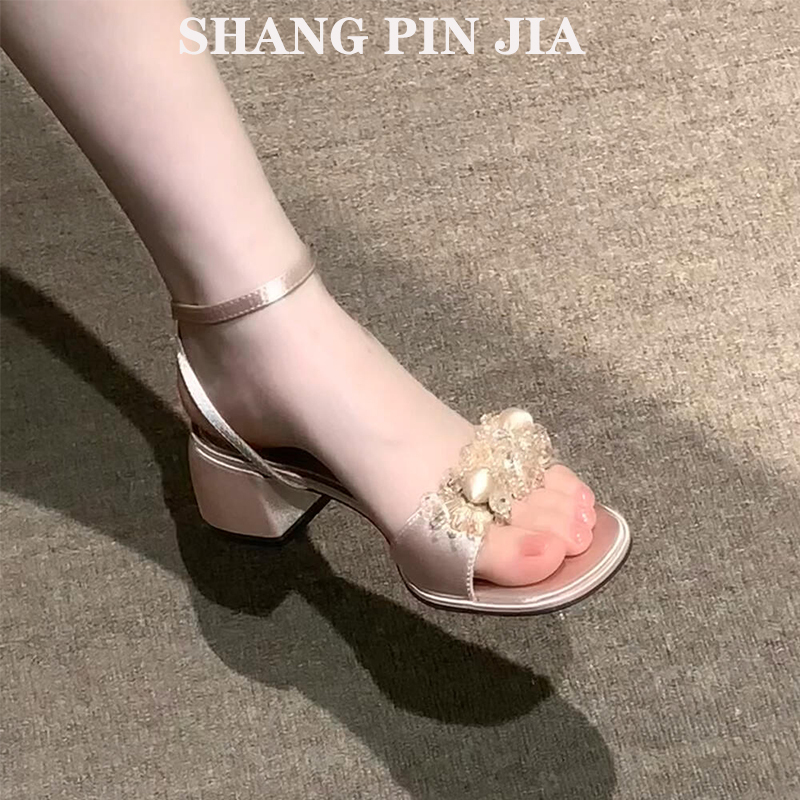 Chunky Heel Sandals for Women, Fairy Style, One-Strap with Crystal Flowers, Stunning High Heels, Summer Open-Toe, Comfortable to Wear