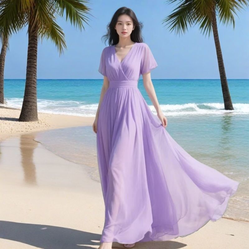Dress Long Skirt 2025 Slimming New Style Solid Color Chiffon Seaside Summer Vacation Long Beach Skirt Dress Long Skirt 2025 Slimming New Style Solid Color Chiffon Seaside Summer Vacation Long Beach Skirt