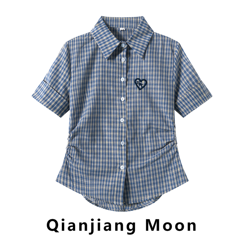 Korean Style Contrasting Plaid Lapel Short-Sleeved Shirt for Women, New Summer Style, Love Heart Embroidery, Waist-Cinching, Slimming Design Top