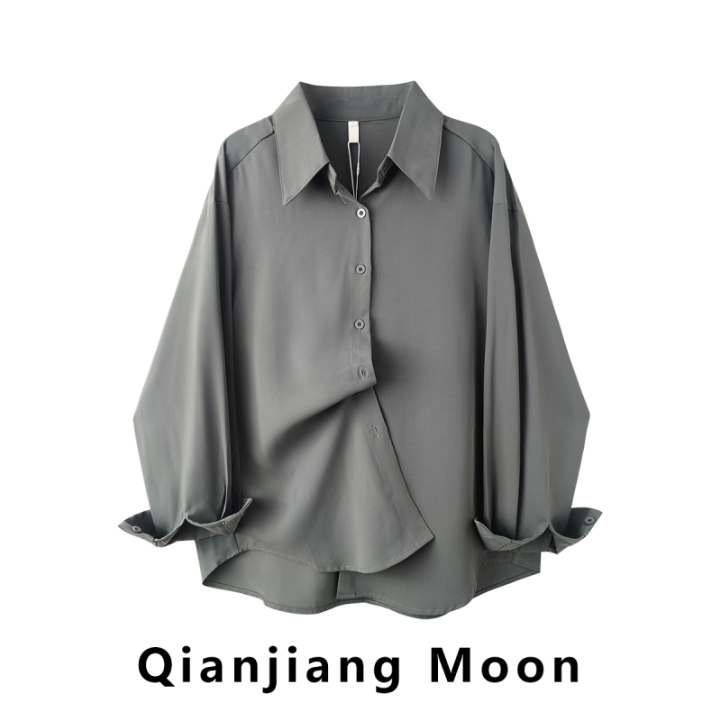 Dark Gray Lapel Solid Color Long-Sleeve Shirt for Women, New Autumn Style, Unique and Chic, Slimming Loose Fit Shirt, Outerwear Top Dark Gray Lapel Solid Color Long-Sleeve Shirt for Women, New Autumn Style, Unique and Chic, Slimming Loose Fit Shirt, Outerwear Top