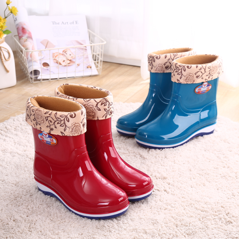 Middle tube rain boots plus cotton short tube rain boots adult fashion beef tendon women's non-slip rubber shoes waterproof shoes wear-resistant shoes