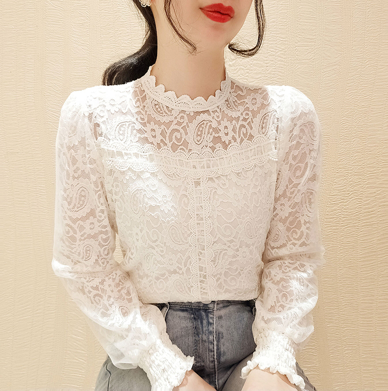 Heavy Lace Blouse for Women, Spring and Autumn, Stand Collar, Base Layer, Elegant Hollow Crochet, Niche, Plus Size, Outerwear Top
