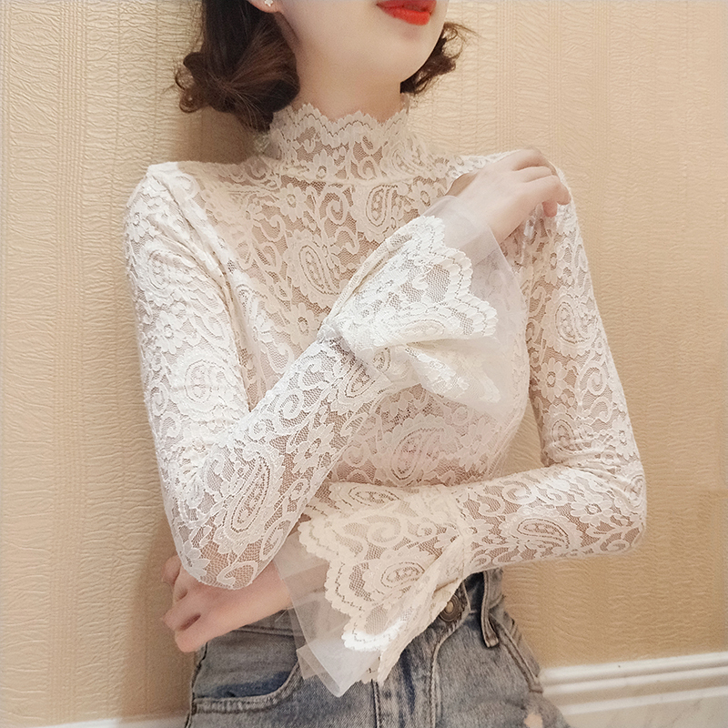 Lace Base Shirt for Women, Autumn and Winter Mesh Ruffle High-Neck Inner Layer with Fleece, Bell Sleeves, Tight-Fitting, Sexy and Versatile Top Lace Base Shirt for Women, Autumn and Winter Mesh Ruffle High-Neck Inner Layer with Fleece, Bell Sleeves, Tight-Fitting, Sexy and Versatile Top