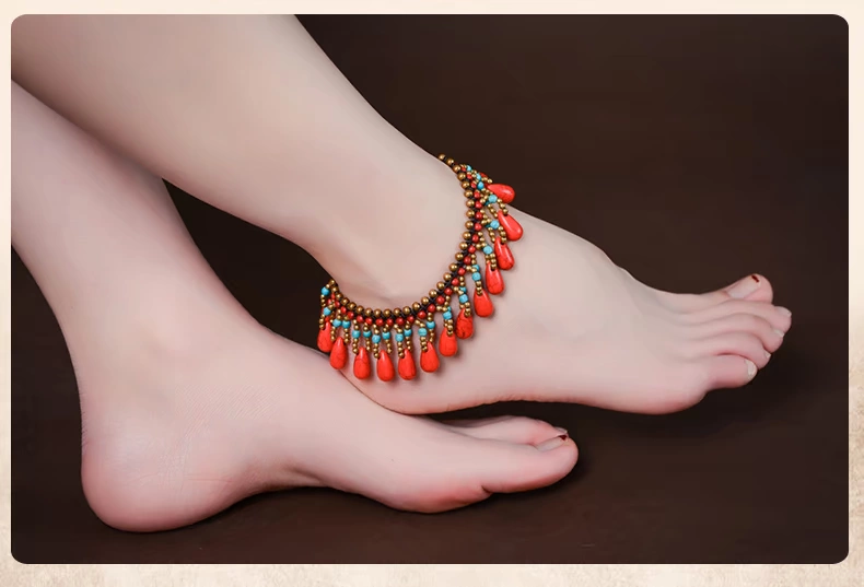 Vòng chân nữ phong cách dân tộc đơn giản Thái Lan thiết kế thủ công retro tối ưu hóa chuông đỏ đá vòng chân trang sức nude