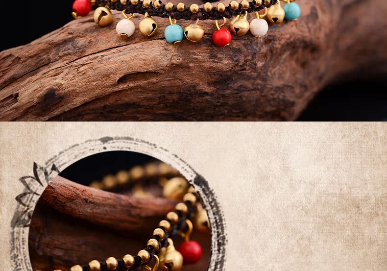 Kaiyikasi vòng chân gió dân tộc Thái sáp dây chuyền làm bằng tay chuông đồng vòng chân trang sức phong cách boho lắc chân nữ 10k