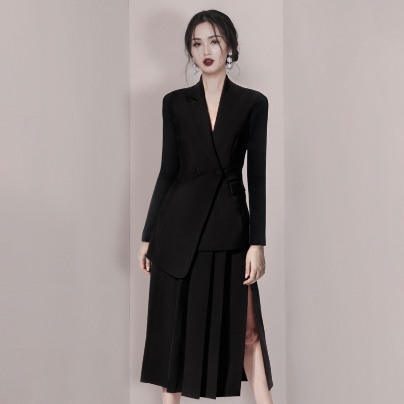 Black Evening Dress Lady 2022 New Spring Gas Field Queen Professional Temperament Van Suit Suit Dress two sets