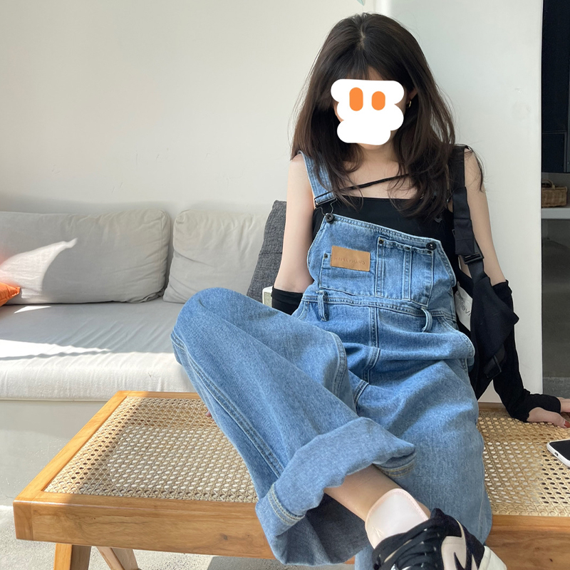 夏の女性用デニムオーバーオール、スリム、ネットセレブの夏のスタイル、年齢を若く見せる、ゆったりとしたアメリカンレトロワイドレッグフロアレングスパンツ