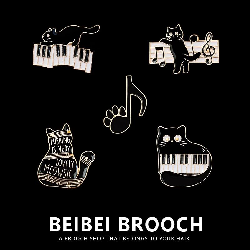 Black musical cat brooch, trendy Japanese cartoon style, cute and unique metal badge, suitable for students, backpacks, and accessories.