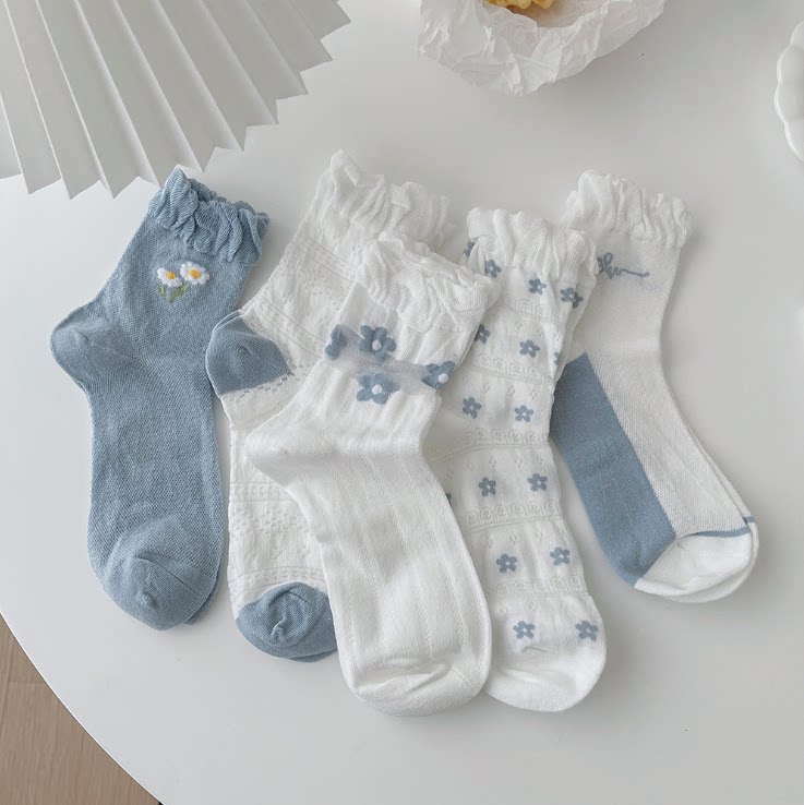 Middle Cylinder Socks Children Blue Lace Summer Ins Tide Cute Jk White Day Series Summer Thin pure cotton long cylinder socks