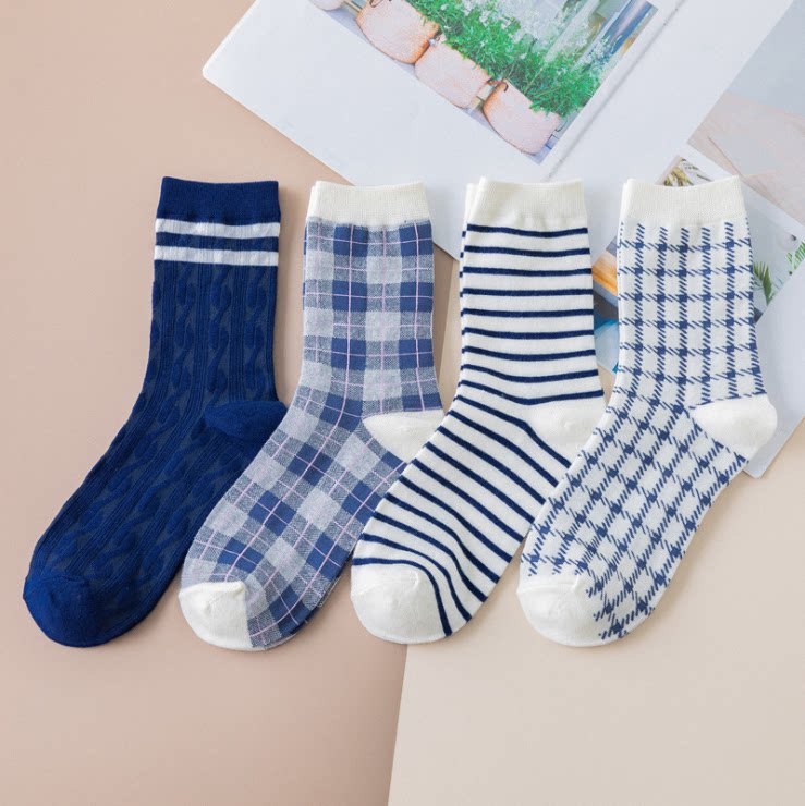 Blue striped plaid socks women's autumn and winter cotton Korean Japanese cute students in the stockings ins tide