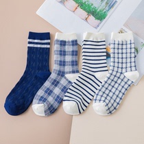 Blue Striped Plaid Socks Children Autumn Winter Pure Cotton South Korea Day Cute Students Mid-Silo Socks