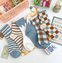Blue Socks Female Midbarrel Socks ins Chains Chauchsia South Korea cute Japanese Tie Striped stockings Socks Collage stockings Long Sox