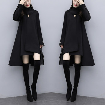 2025 New Autumn and Winter Korean Style Fashion Large Size Loose Mid-Length Black Woolen Cape Outwear Woolen Outwear for Women