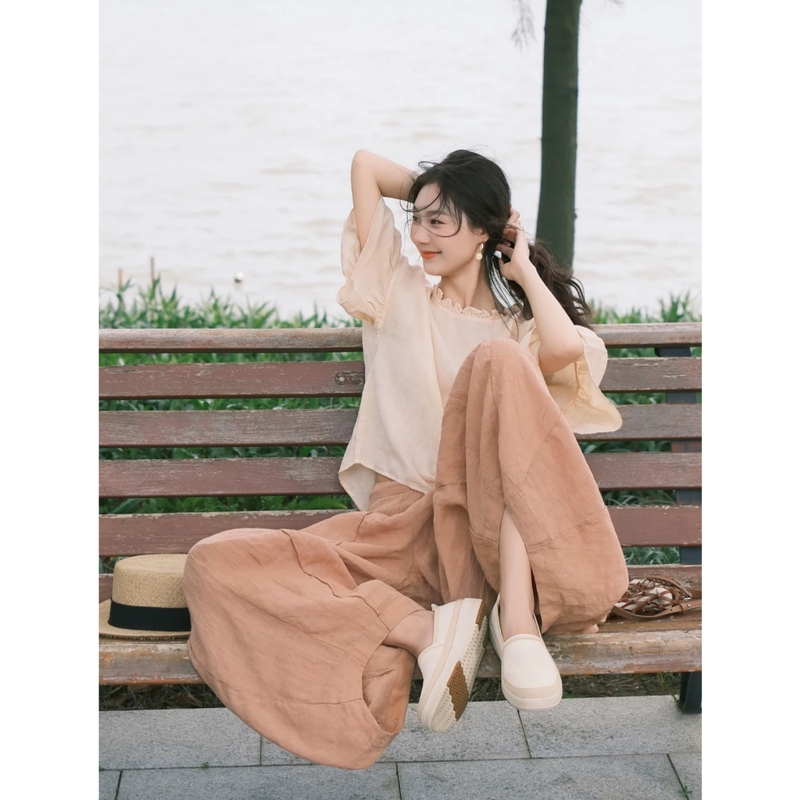 Korean Style Casual Sports Suit for Women, Summer Relaxed Cotton and Linen Short-Sleeved Long Pants, Lazy Style Two-Piece Set Korean Style Casual Sports Suit for Women, Summer Relaxed Cotton and Linen Short-Sleeved Long Pants, Lazy Style Two-Piece Set