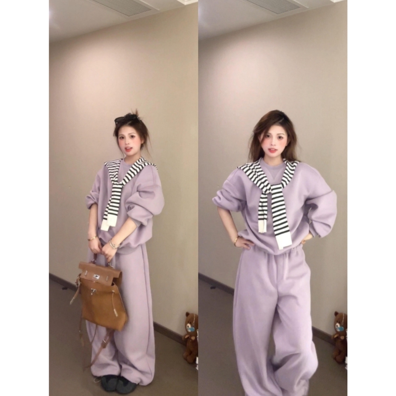 Korean Style Casual Sportswear Set for Women, Spring Purple Age-Reducing Shawl Outfit, Sweatshirt, Wide-Leg Pants Three-Piece Set Korean Style Casual Sportswear Set for Women, Spring Purple Age-Reducing Shawl Outfit, Sweatshirt, Wide-Leg Pants Three-Piece Set