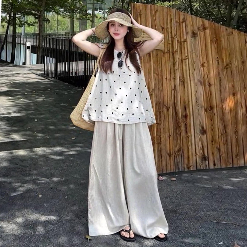 Maternity Wear, Summer Sleeveless Polka-Dot Babydoll Top, Trendy Mom's Pregnancy Outfit Set, Loose Wide-Leg Pants Two-Piece Set
