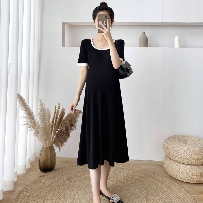Pregnant Women summer clothes Hepburn wind small black skirt women's summer new long thin thin ice silk knitted dress