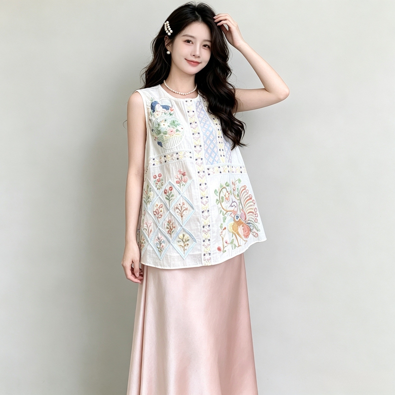 Light Luxury Maternity Wear, Summer Bohemian Resort Style Sleeveless Top, Satin Skirt, High-End Two-Piece Suit