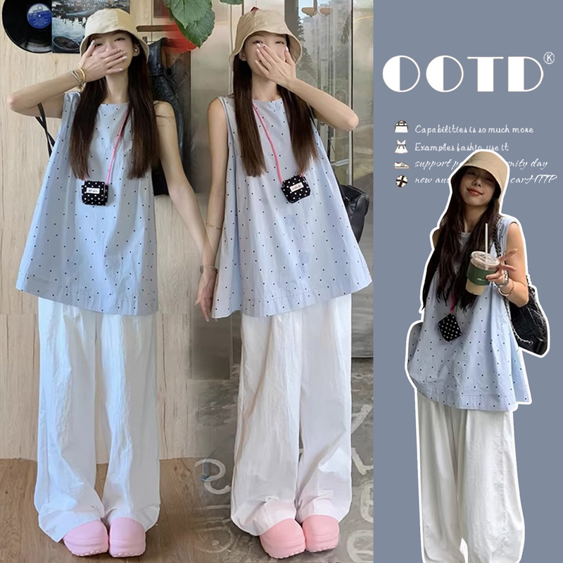 Maternity Suit, Summer Loose Sleeveless Top, Polka Dot Babydoll Shirt, White Loose Wide-Leg Pants, French Style Outfit for Pregnant Moms