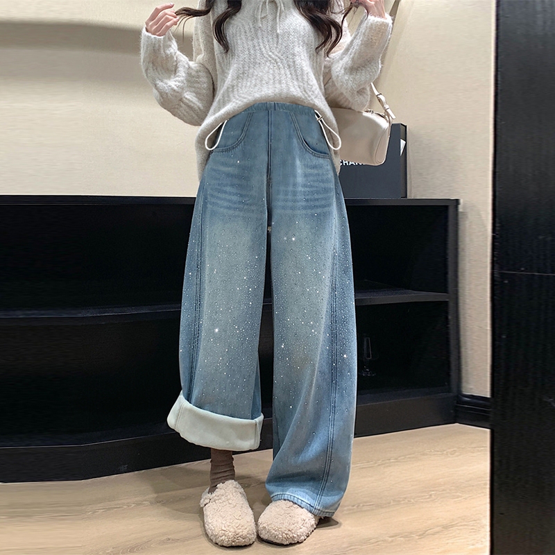 Maternity Jeans for Fall, Fashionable Rhinestone Star-Studded Scimitar Pants, Casual Wide-Leg Winter Fleece-Lined Long Pants Maternity Jeans for Fall, Fashionable Rhinestone Star-Studded Scimitar Pants, Casual Wide-Leg Winter Fleece-Lined Long Pants