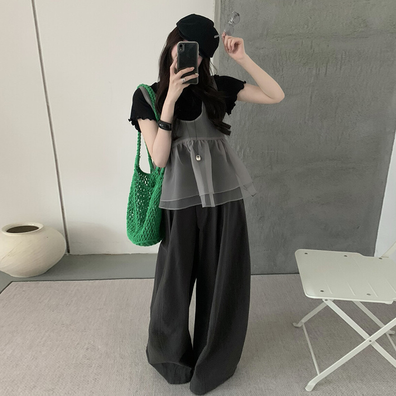 Maternity Wear Summer Korean Style Mesh Camisole Short-Sleeved Babydoll Shirt French Style Casual Pants Three-Piece Suit