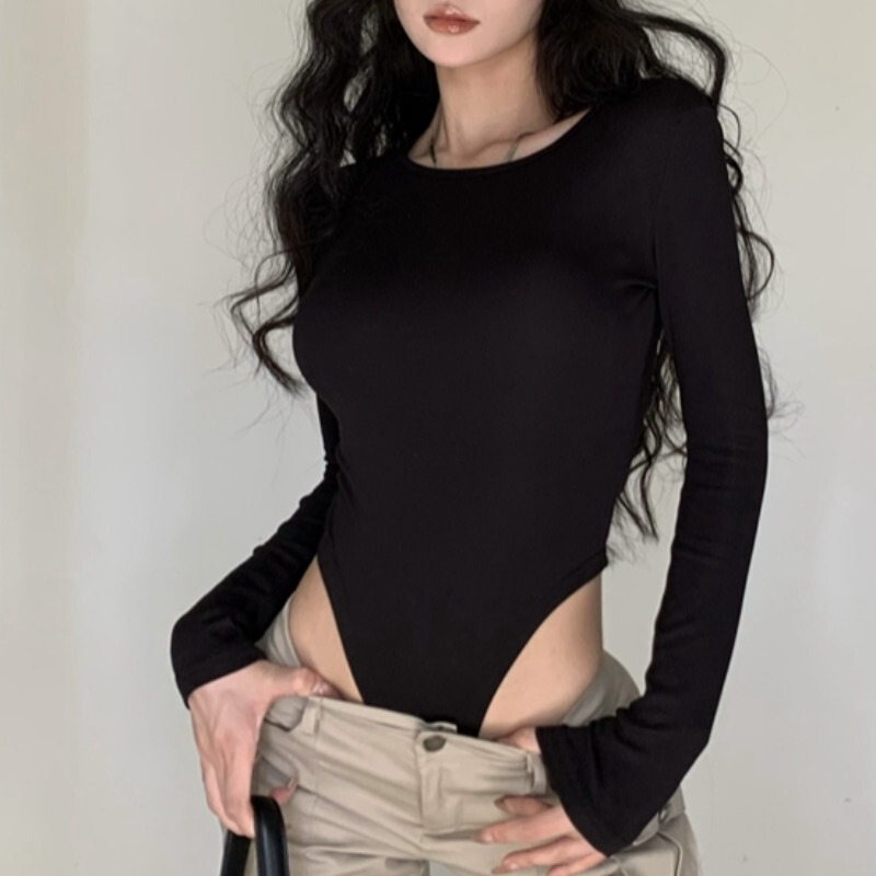 Korean Style Sexy Waist-Revealing Short Jumpsuit with Inner Top for Women, Autumn and Winter Sexy Tight-Fitting Long-Sleeve T-Shirt Base Layer Trendy
