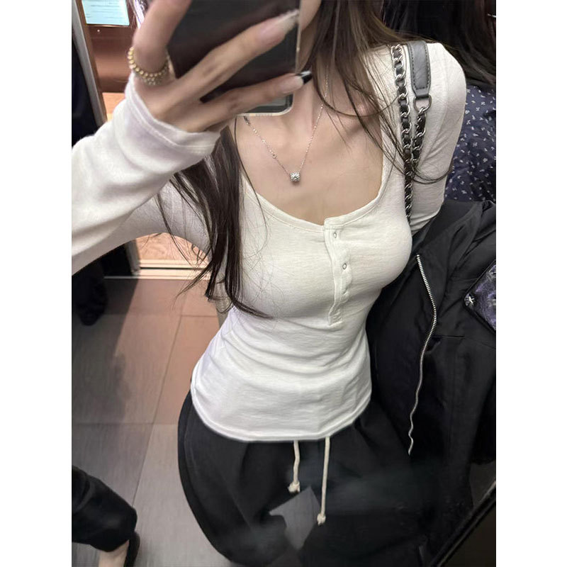 Commuter Style White Long-Sleeved U-Neck Button-Down T-Shirt for Women in Spring, High-End Slim-Fit Henley Collar Inner Layering Top