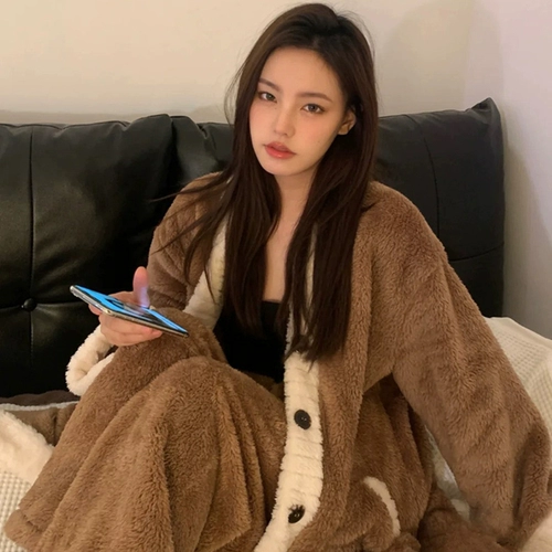 Зимний коралловый банный халат, бархатная пижама, длинный комплект, штаны, увеличенная толщина, изысканный стиль