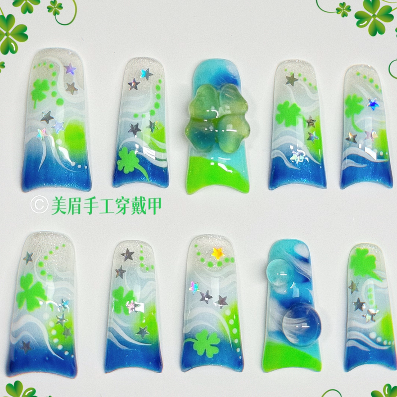 Vintage Four-Leaf Clover Press-On Nails Duckbill Manicure Hand-Painted Pinchable Lucky Clover Niche Y2K Non-Mainstream