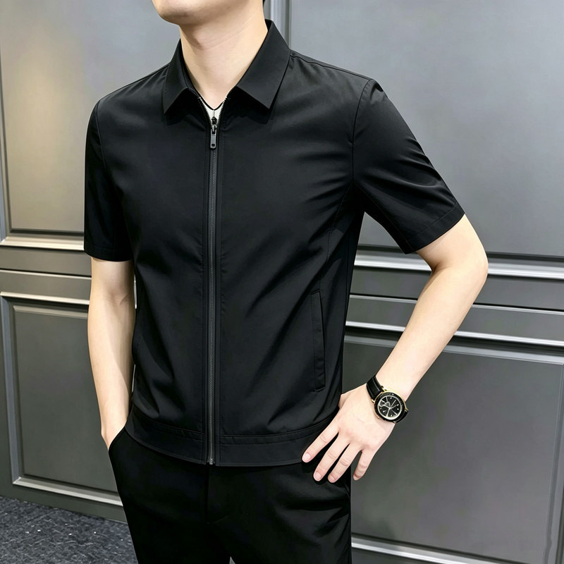 Summer Solid Color Casual Ice Silk Short-Sleeved Zipper Jacket Men's Thin Breathable Lapel Half-Sleeved T-Shirt Jacket Summer Solid Color Casual Ice Silk Short-Sleeved Zipper Jacket Men's Thin Breathable Lapel Half-Sleeved T-Shirt Jacket