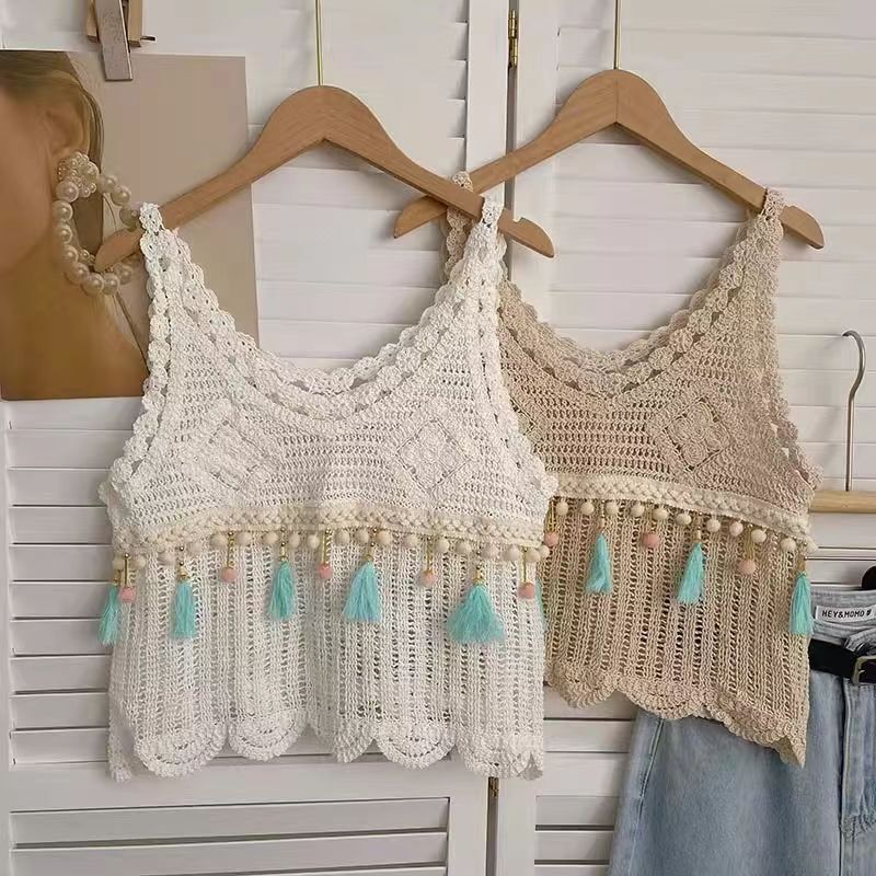 Bohemian Ethnic Style Hollow-Out Vest for Women, New Summer Slim-Fit Tassel Short Sleeveless Camisole Top