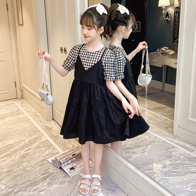 Girls dress summer dress 2022 new Korean version of the big children's summer fake two-piece skirt girl Western-style princess skirt