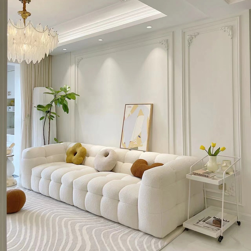 French-Style Cream-Colored Fabric Marshmallow Sofa for Small Living Rooms, Simple Modern Cloud-Shaped Internet-Famous Straight-Row Lamb Wool Sofa French-Style Cream-Colored Fabric Marshmallow Sofa for Small Living Rooms, Simple Modern Cloud-Shaped Internet-Famous Straight-Row Lamb Wool Sofa