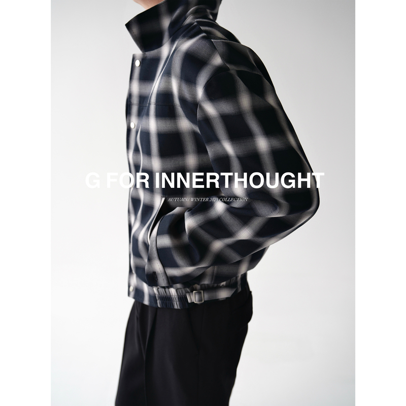 G for Innerthought Imported Deep Blue and White Checkered Handmade Arch Stitch Jacket Men's Short Wool Coat