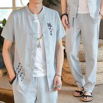 Summer men's Tang-sleeved Chinese style suit embroidery loose ice wire Chinese-style buckle to improve Chinese clothes