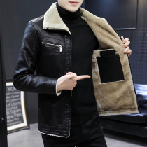 Winter new mens leather velvet thickened Korean version slim youth fur one-piece leather jacket mens coat tide