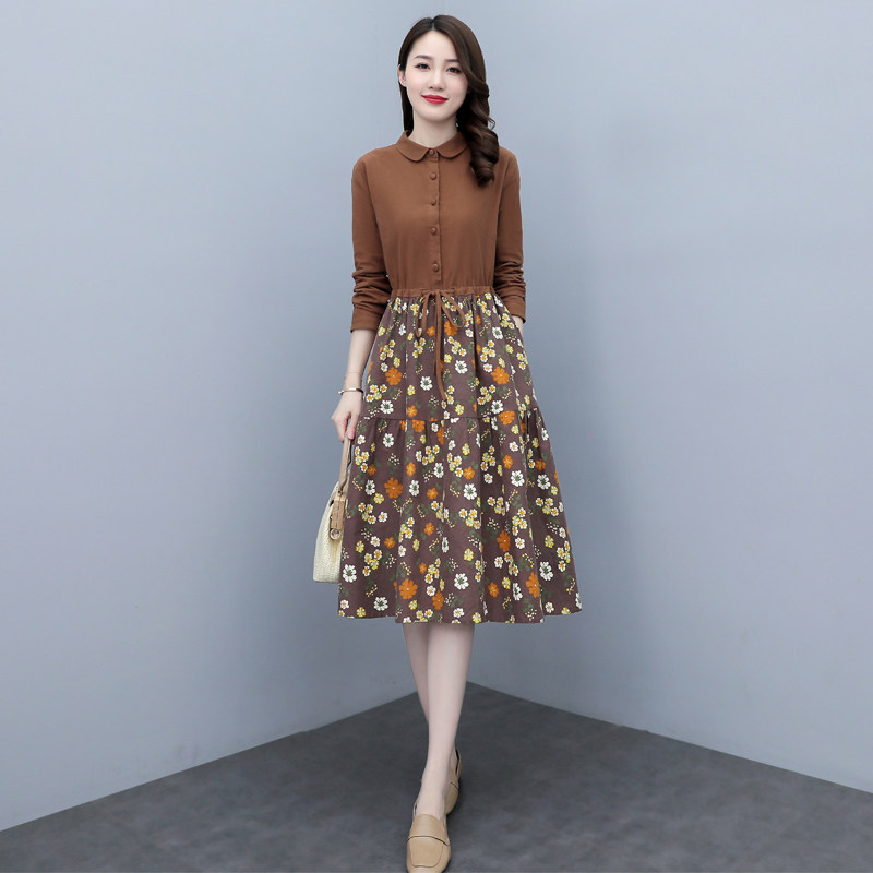 Sijiqing women's new Hangzhou 2022 autumn temperament floral cotton and linen dress waist slim temperament skirt